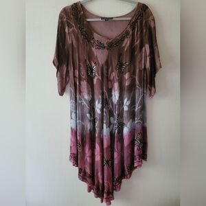 Greater Good Butterfly Embroidered Tie Dye Boho Gypsy Fairy Flowy Tunic Top O/S